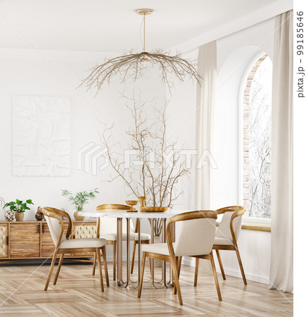 Interior design of modern dining room or living room, marble table and wooden chairs. Wooden sideboard over white wall. Home interior with arch window. 3d rendering Interior design of modern dining room or living room, marble table and wooden chairs. Wooden sideboard over white wall. Home interior with arch window. 3d rendering 99185646