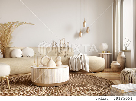 Modern interior design of apartment, living room with beige sofa over the white wall. Wooden accent coffee table. Home interior. 3d rendering 99185651