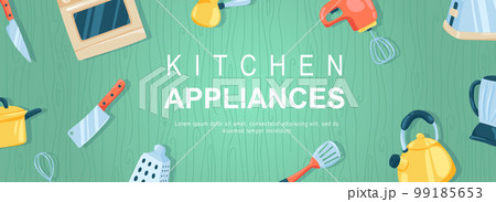 Kitchen appliances horizontal web banner. Knife, oven, mixer, cezve, saucepan, grater, whisk, spatula, toaster and utensils. Vector illustration for header website, cover templates in modern design 99185653