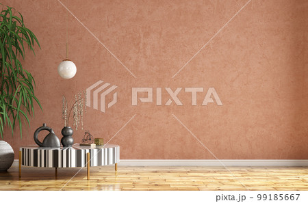 Interior background of living room with stucco wall. Vase with twig on decorative accent coffee table. Empty mock up wall and wooden flooring, pendant light. Modern home decor. 3d rendering Interior background of living room with stucco wall. Vase with twig on decorative accent coffee table. Empty mock up wall and wooden flooring, pendant light. Modern home decor. 3d rendering 99185667