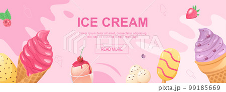 Ice cream horizontal web banner. Colored sweet cold desserts in waffle cups, ice lolly and gelato with topping and berries. Vector illustration for header website, cover templates in modern design 99185669