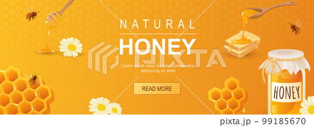 Natural honey horizontal web banner. Honey jar, breads, honeycomb, bee, chamomile, organic healthy food and sweet product. Vector illustration for header website, cover templates in modern design 99185670