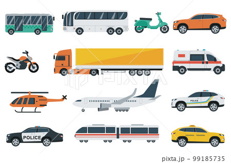 Transports set graphic elements in flat design. Bundle of bus, motorbike, car, motorcycle, truck, ambulance, helicopter, plane, police, train and other. Vector illustration isolated objects 99185735
