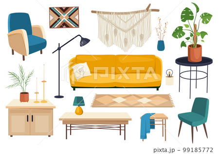Living room interior set graphic elements in flat design. Bundle of sofa, armchair, macrame decor, houseplant, coffee table, candles, chair, floor lamp and other. Vector illustration isolated objects 99185772