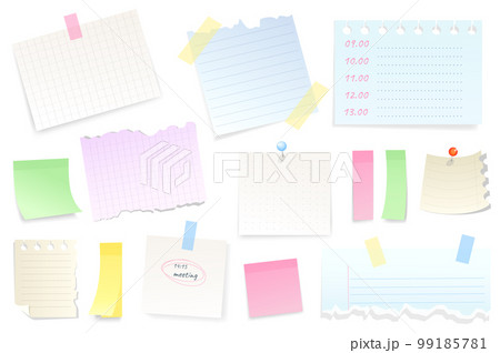 Reminder notepad sheets set graphic elements in flat design. Bundle of blank torn pieces of paper with tape or thumbtack, meeting reminder or to do list with pin. Vector illustration isolated objects Reminder notepad sheets set graphic elements in flat design. Bundle of blank torn pieces of paper with tape or thumbtack, meeting reminder or to do list with pin. Vector illustration isolated objects 99185781