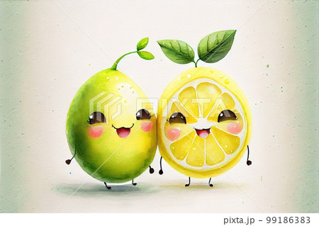 Cute watercolor lemon and lime with happy face Cute watercolor lemon and lime with happy face 99186383