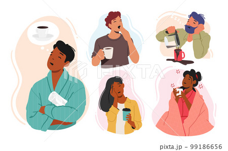 Set of Tired Sleepy People Needing Coffee. Drowsy Male Female Characters In Need Of A Caffeine Fix or Energy Drinks Set of Tired Sleepy People Needing Coffee. Drowsy Male Female Characters In Need Of A Caffeine Fix or Energy Drinks 99186656