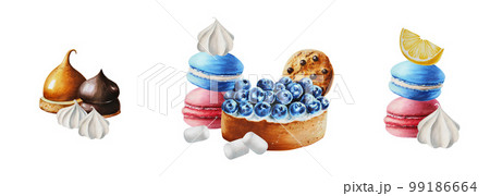 Watercolor set of compositions with lemon tart, biscuits, marshmallows in chocolate, meringue, blueberry tartlet, cholocate cookies, macaroons. Hand painting sweet on a white isolated background. For Watercolor set of compositions with lemon tart, biscuits, marshmallows in chocolate, meringue, blueberry tartlet, cholocate cookies, macaroons. Hand painting sweet on a white isolated background. For 99186664