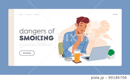 Dangers of Smoking Landing Page Template. Man Smoke Cigarette while Working on Laptop. Male Character Inhaling Smoke Dangers of Smoking Landing Page Template. Man Smoke Cigarette while Working on Laptop. Male Character Inhaling Smoke 99186706