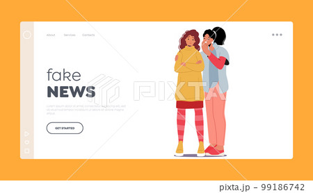 Fake News Landing Page Template. Two Women Characters Huddled Close, Whispering Secrets To Each Other Fake News Landing Page Template. Two Women Characters Huddled Close, Whispering Secrets To Each Other 99186742