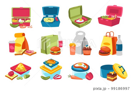 Lunchbox food. Containers with homemade snack, vegetables and fruits cartoon style, colorful healthy meal zero waste concept. Vector flat collection 99186997
