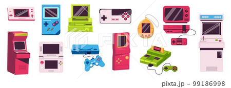 Retro gaming devices. Vintage analog electronics cartoon style, colorful 90s gamepad with playing joystick, trendy flat old consoles for gamers. Vector set 99186998