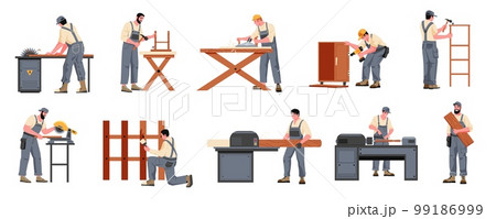 Carpenter with furniture. Man with lumber equipment working sawing with wood material, woodworking carpentry handcraft concept. Vector cartoon set 99186999