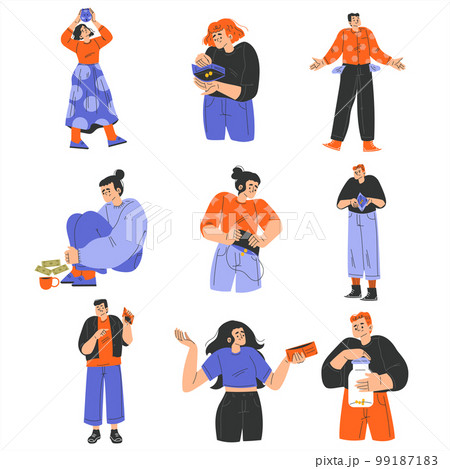 Poor People Characters with Empty Pocket Having No Money Vector Set 99187183