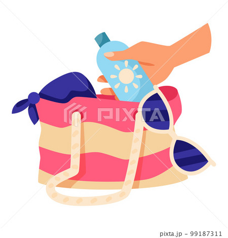 Hand Taking Sunscreen Lotion Bottle from Bag for Skin Protection and UV Rays Blocking Vector Illustration 99187311