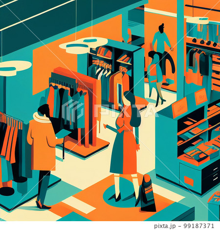 AI generated illustration of a busy thrift store, with customers browsing through racks of clothing and household items, line drawing styling AI generated illustration of a busy thrift store, with customers browsing through racks of clothing and household items, line drawing styling 99187371