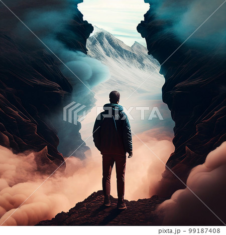AI generated illustration of person standing on the edge of a cliff, looking out into an endless void, suggesting the fear of falling into the abyss of meaninglessness AI generated illustration of person standing on the edge of a cliff, looking out into an endless void, suggesting the fear of falling into the abyss of meaninglessness 99187408