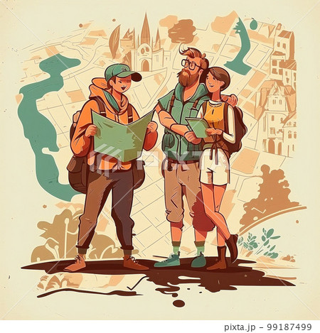 AI generated illustration of tourists consulting a map and trying to find the way, line drawing styling 99187499