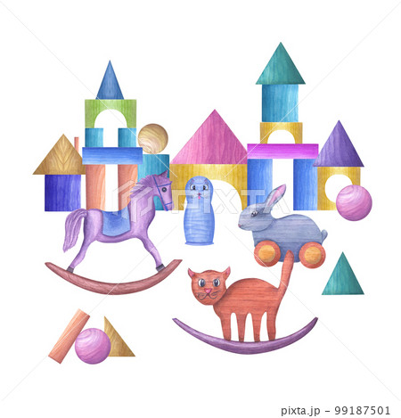 Watercolor illustration of a set of kid wooden toys isolated on white background. Nursery, Kids Room Decor. Eco-friendly materials Child Toys. Print, poster, background, decor, wallpaper, wrapping. 99187501