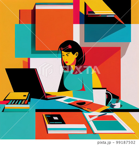 AI generated Illustration of a professional woman working at a home office desk with a laptop and papers scattered around 99187502