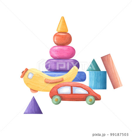 Watercolor illustration of a set of kid wooden toys isolated on white background. Nursery, Kids Room Decor. Eco-friendly materials Child Toys. Print, poster, background, decor, wallpaper, wrapping. Watercolor illustration of a set of kid wooden toys isolated on white background. Nursery, Kids Room Decor. Eco-friendly materials Child Toys. Print, poster, background, decor, wallpaper, wrapping. 99187503