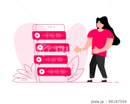 A woman stands near the smartphone, on the screen voice Messages. Voice messaging correspondence. A woman stands near the smartphone, on the screen voice Messages. Voice messaging correspondence. 99187504
