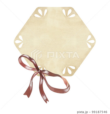 Hexagonal kraft tag with a red bow. Place for inscription or text. Watercolor illustration. Isolated on a white background. For design of greeting cards, wedding invitation, scrapbooking, stickers Hexagonal kraft tag with a red bow. Place for inscription or text. Watercolor illustration. Isolated on a white background. For design of greeting cards, wedding invitation, scrapbooking, stickers 99187546