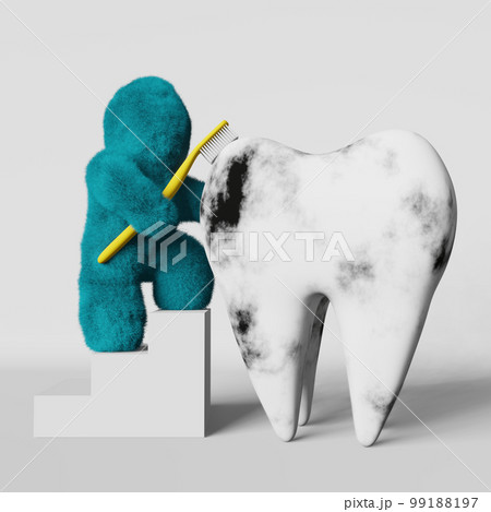 Cute turquoise fur Yeti brushing white healthy tooth 3D rendering Enamel whitening Tartar Plaque removal Caries Bacteria 99188197