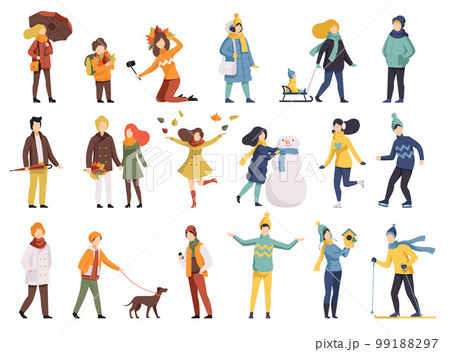 People outdoor activities in winter and autumn seasons set. People wearing warm clothes walking, skiing, skating and making snowman vector illustration 99188297