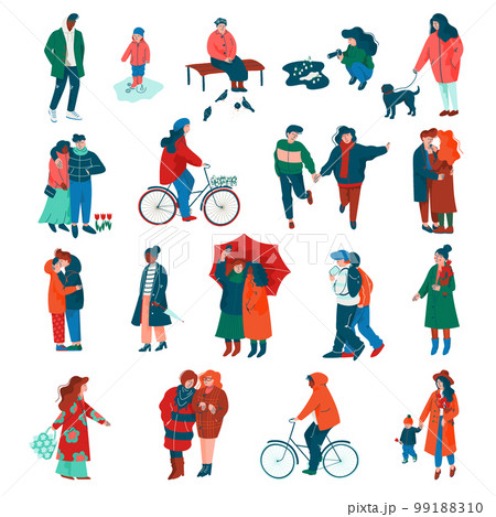 People Characters Walking in Spring Park Enjoying Warm Season Vector Set 99188310