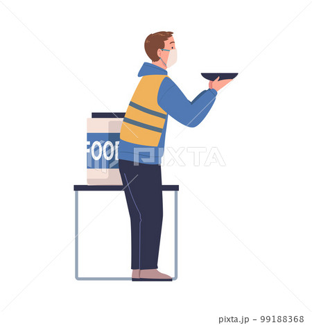 Volunteer man giving food to homeless or refugee people at food distribution point vector illustration Volunteer man giving food to homeless or refugee people at food distribution point vector illustration 99188368