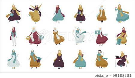 Islam arabian female in different activities set. Saudi muslim business woman character working, dancing, shopping and traveling vector illustration Islam arabian female in different activities set. Saudi muslim business woman character working, dancing, shopping and traveling vector illustration 99188581