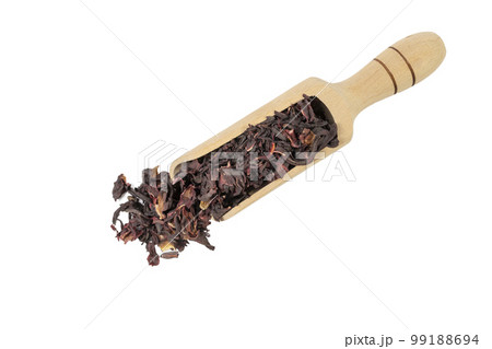 Dry hibiscus tea in wooden scoop isolated on white background. herb. herbal tea. food ingredient. Dry hibiscus tea in wooden scoop isolated on white background. herb. herbal tea. food ingredient. 99188694