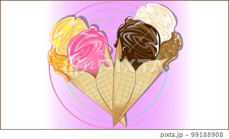 Ice cream cone. Delicious ice cream cone flavours of strawberry, caramel, orange, chocolate, pudding and vanilla. summer sweets 99188908