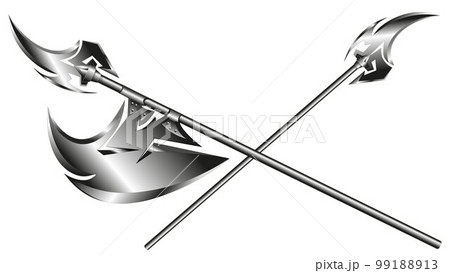 A gleaming, sharp battle axe and spear made from heavy-duty steel for true warriors. A gleaming, sharp battle axe and spear made from heavy-duty steel for true warriors. 99188913