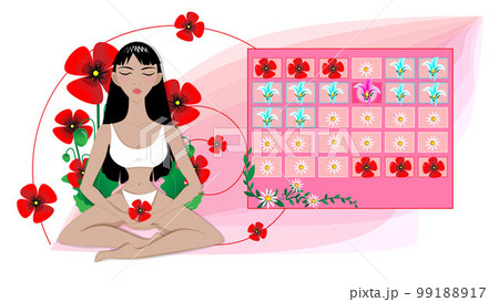 A calendar of women s menstrual days. A woman sits in meditation holding a carved poppy flower in her hands. 99188917