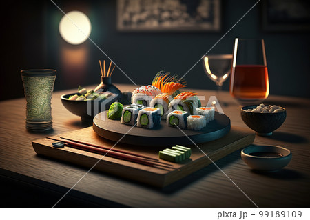 Sushi roll set in restaurant, Japanese maki food on served table, generative AI 99189109
