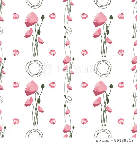 Summer flowers and leaves pattern seamless. Delicate red poppies and petals with curls by geometric shapes circles endless ornate. Elegant botanical wallpaper. Vector illustration with floral texture 99189518