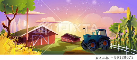 Farming landing page. Agricultural farm with barns, tractor, corn fields and hay. Growing organic products, agribusiness, farmland, harvesting web banner background. Cartoon vector illustration. 99189675