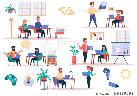 Game developer working isolated elements set. Bundle of men and women programmers write code, customize application, work in gaming industry. Creator kit for vector illustration in flat cartoon design 99189692