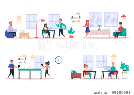 Coworking center isolated elements set. Bundle of colleagues work together, meetings, complete tasks, work on laptops, playing table tennis. Creator kit for vector illustration in flat cartoon design Coworking center isolated elements set. Bundle of colleagues work together, meetings, complete tasks, work on laptops, playing table tennis. Creator kit for vector illustration in flat cartoon design 99189693