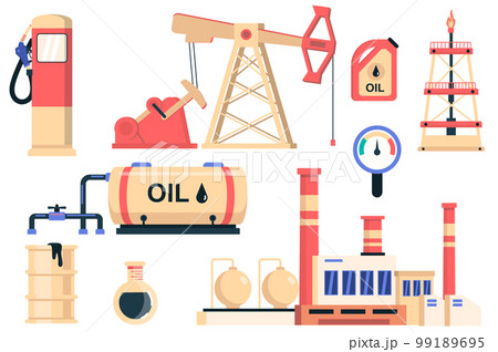 Oil industry isolated elements set. Bundle of gas station, fuel canister, oil barrel, production machines, production plant and other. Creator kit for vector illustration in flat cartoon design Oil industry isolated elements set. Bundle of gas station, fuel canister, oil barrel, production machines, production plant and other. Creator kit for vector illustration in flat cartoon design 99189695