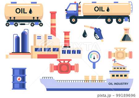 Oil industry isolated elements set. Bundle of oil tanker, storage and transportation in ship, refueling, production plant, barrel and other. Creator kit for vector illustration in flat cartoon design Oil industry isolated elements set. Bundle of oil tanker, storage and transportation in ship, refueling, production plant, barrel and other. Creator kit for vector illustration in flat cartoon design 99189696