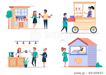 Street food shop isolated elements set. Bundle of people buy drinks in coffee shop, kiosks with desserts, pizza in pizzeria restaurant. Creator kit for vector illustration in flat cartoon design 99189697