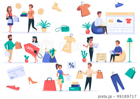 Shopping people isolated elements set. Bundle of customers buy online or store, clothes sale, payment for purchases in cash or credit card. Creator kit for vector illustration in flat cartoon design 99189717