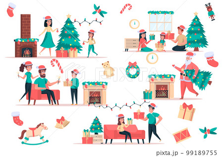 Christmas celebrate isolated elements set. Bundle of family gives gifts, decorates tree, santa by fireplace, festive party decor and toys. Creator kit for vector illustration in flat cartoon design 99189755