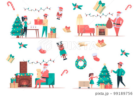 Christmas celebrate isolated elements set. Bundle of people giving gifts, santa by fireplace, dad and daughter decorate tree, festive party. Creator kit for vector illustration in flat cartoon design 99189756
