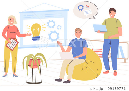 Creative team concept. Men and women colleagues discuss work tasks, brainstorming, come up with new ideas, innovation, communication, developing business. Vector illustration in trendy flat design 99189771