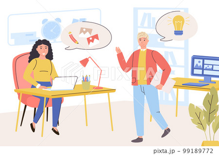Design company concept. Man and woman designers working on project, brainstorming, creating graphics, drawing pictures for website content, doing branding. Vector illustration in trendy flat design 99189772