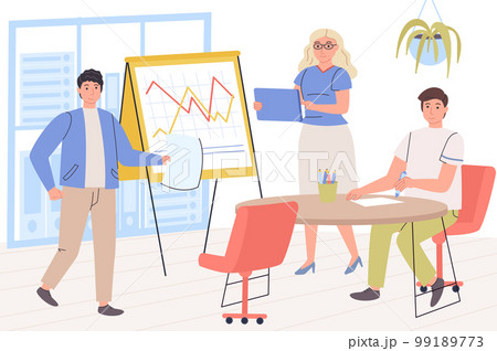 Business meeting concept. Employees make presentation at conference, brainstorming, analyze data and discuss strategy, success and development of company. Vector illustration in trendy flat design 99189773